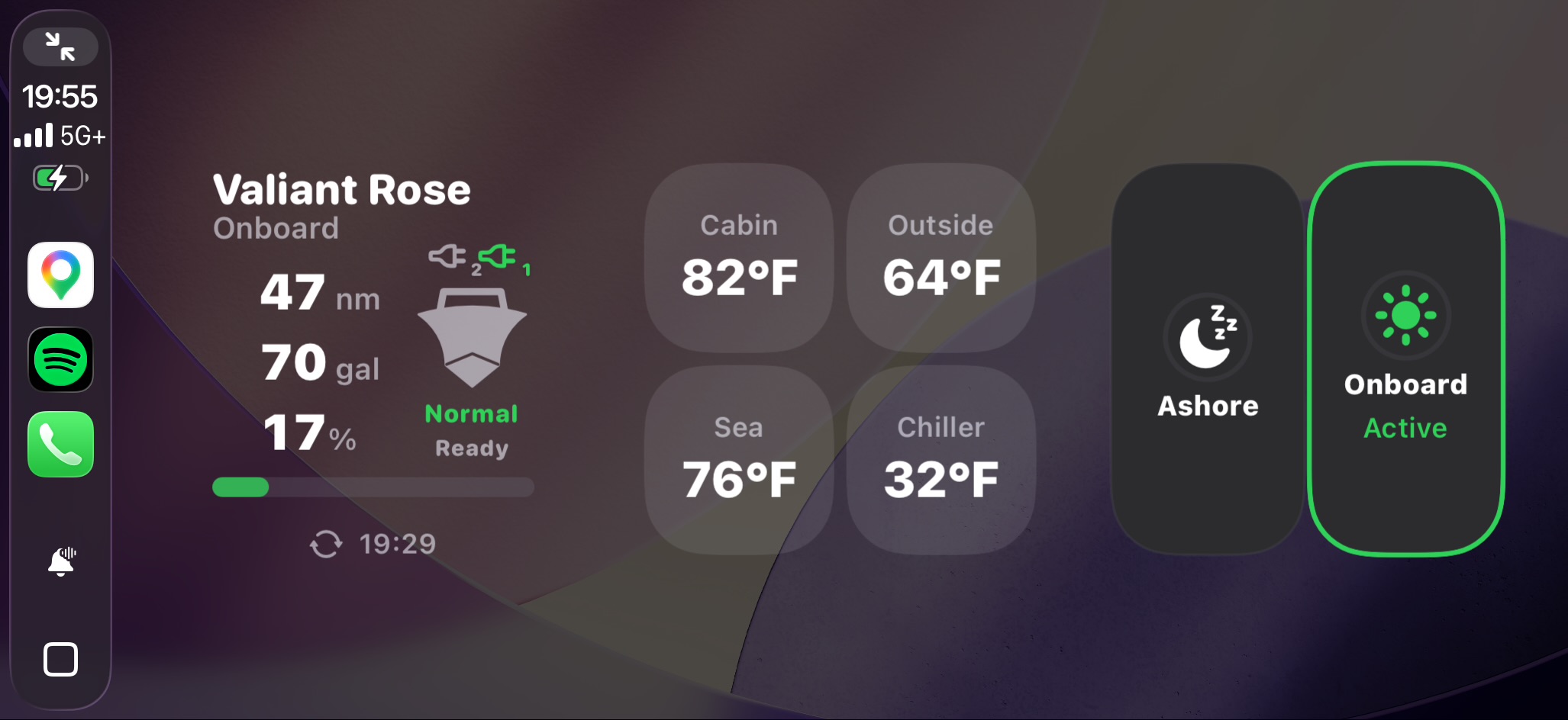 HelmOne vessel overview displayed in Apple CarPlay