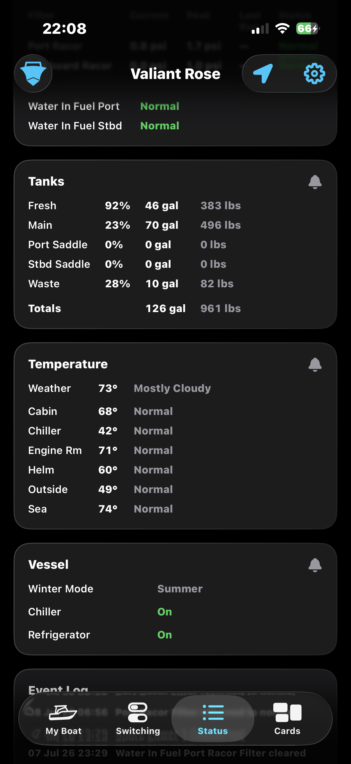 HelmOne dark-mode vessel systems status screen