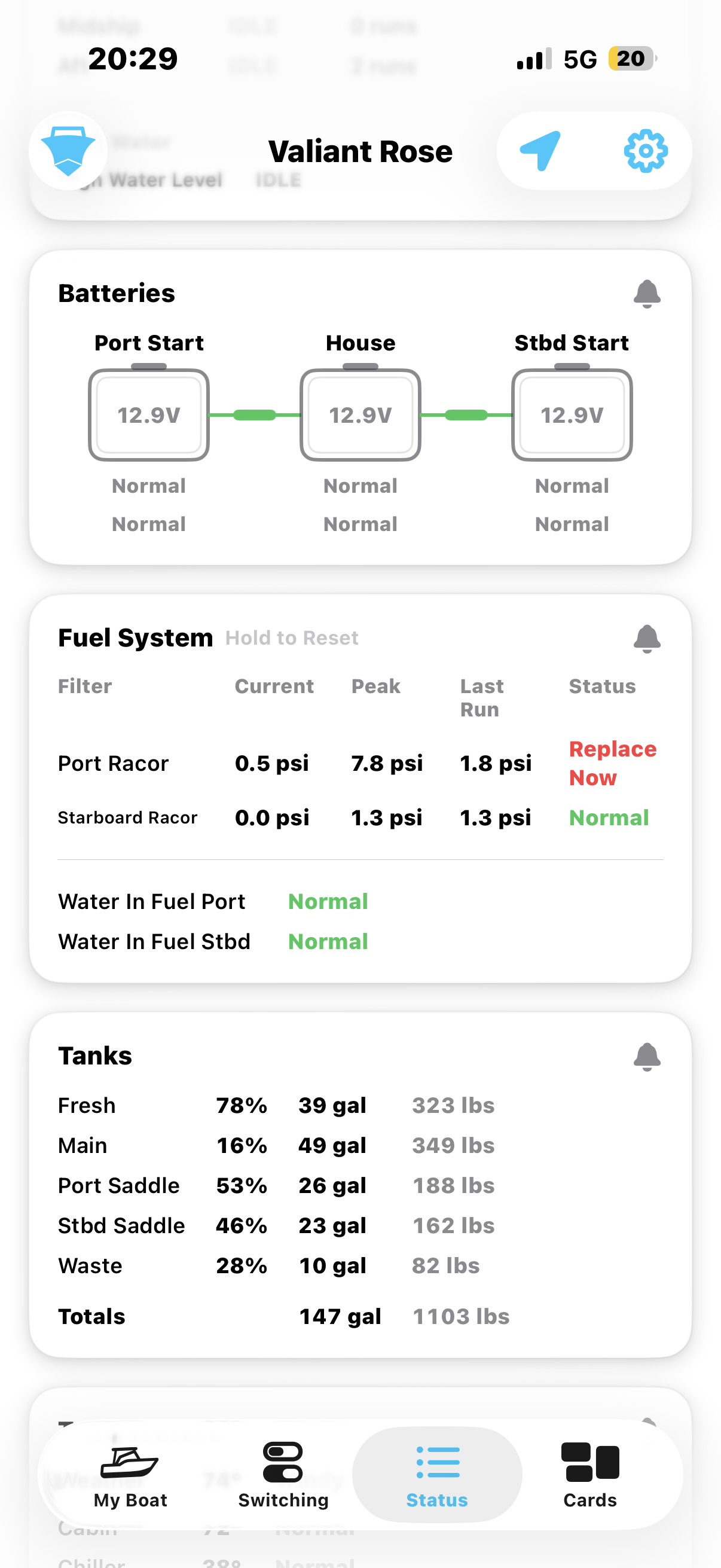 HelmOne light-mode fuel, battery, and tank monitoring screen
