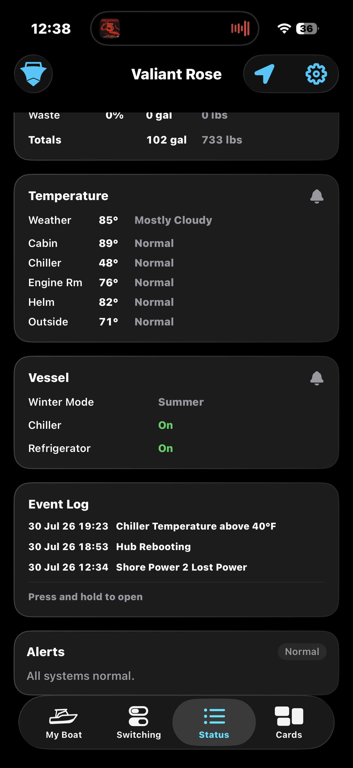 HelmOne event log and alerts screen