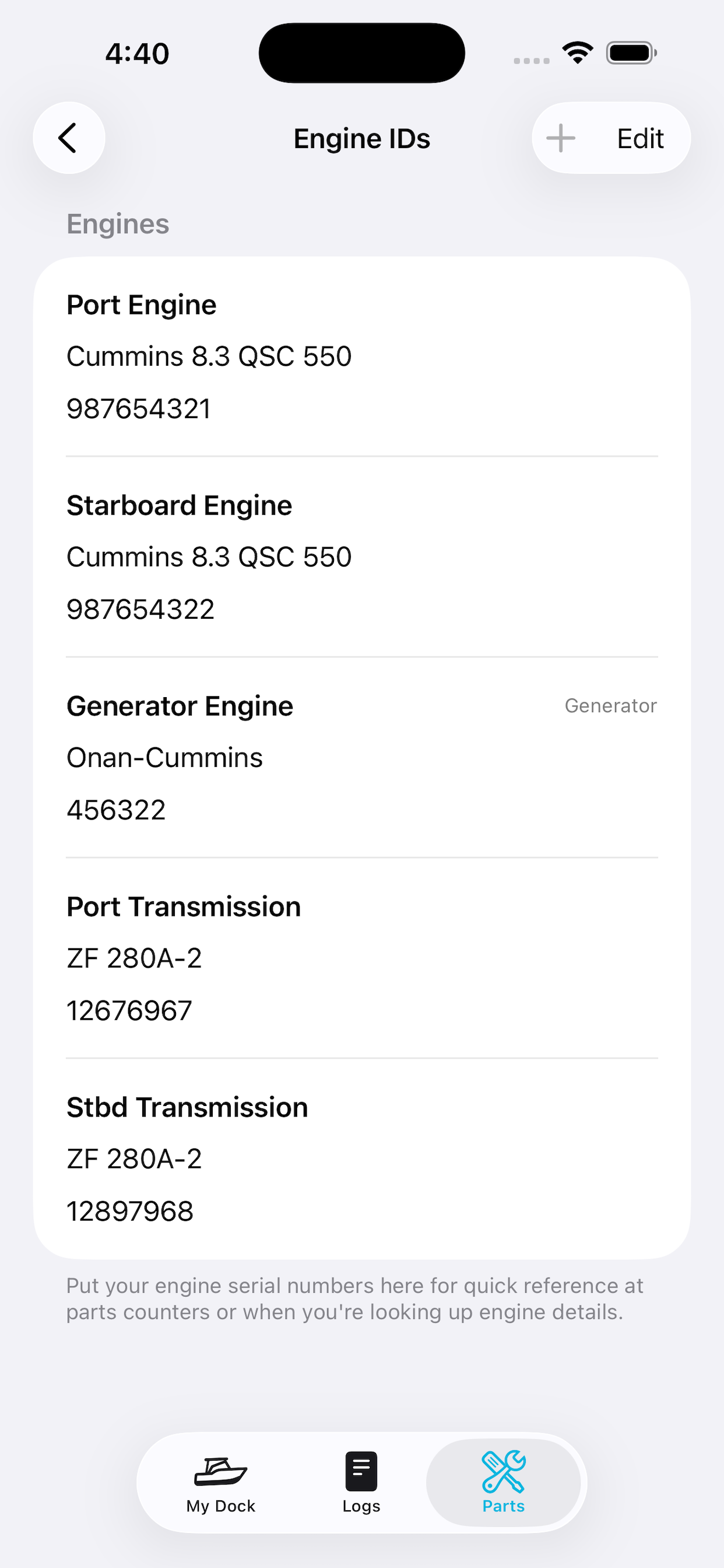 MEL Engine IDs screen