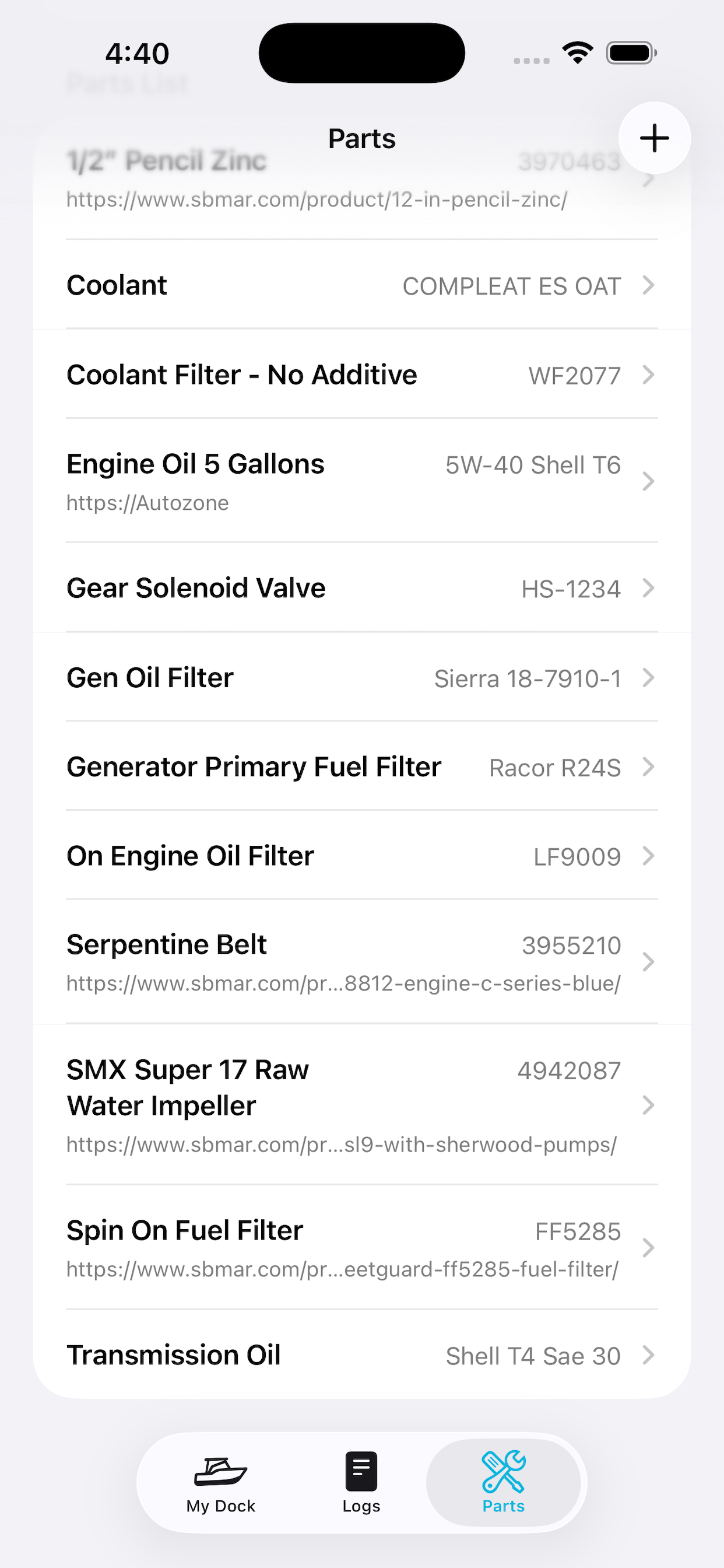 MEL Parts list screen